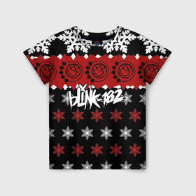 Детская футболка 3D с принтом Праздничный Blink-182 в Екатеринбурге, 100% гипоаллергенный полиэфир | прямой крой, круглый вырез горловины, длина до линии бедер, чуть спущенное плечо, ткань немного тянется | blink | альтернативный рок | блинк | группа | знак | красный | марк хоппус | музыка | мэтт скиба | надпись | новогодний | новый год | панк | панк рок | песни | поп панк | праздник | рождество | рок