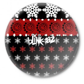Значок с принтом Праздничный Blink-182 в Екатеринбурге,  металл | круглая форма, металлическая застежка в виде булавки | blink | альтернативный рок | блинк | группа | знак | красный | марк хоппус | музыка | мэтт скиба | надпись | новогодний | новый год | панк | панк рок | песни | поп панк | праздник | рождество | рок