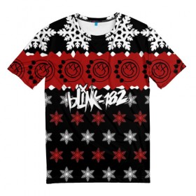 Мужская футболка 3D с принтом Праздничный Blink-182 в Екатеринбурге, 100% полиэфир | прямой крой, круглый вырез горловины, длина до линии бедер | blink | альтернативный рок | блинк | группа | знак | красный | марк хоппус | музыка | мэтт скиба | надпись | новогодний | новый год | панк | панк рок | песни | поп панк | праздник | рождество | рок