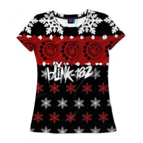 Женская футболка 3D с принтом Праздничный Blink-182 в Екатеринбурге, 100% полиэфир ( синтетическое хлопкоподобное полотно) | прямой крой, круглый вырез горловины, длина до линии бедер | blink | альтернативный рок | блинк | группа | знак | красный | марк хоппус | музыка | мэтт скиба | надпись | новогодний | новый год | панк | панк рок | песни | поп панк | праздник | рождество | рок