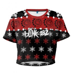 Женская футболка 3D укороченная с принтом Праздничный Blink-182 в Екатеринбурге, 100% полиэстер | круглая горловина, длина футболки до линии талии, рукава с отворотами | blink | альтернативный рок | блинк | группа | знак | красный | марк хоппус | музыка | мэтт скиба | надпись | новогодний | новый год | панк | панк рок | песни | поп панк | праздник | рождество | рок