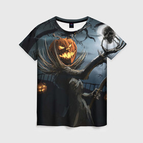 Женская футболка 3D с принтом Jack в Екатеринбурге, 100% полиэфир ( синтетическое хлопкоподобное полотно) | прямой крой, круглый вырез горловины, длина до линии бедер | halloween | pumpkin | witch | ведьма | демон | кот | тыква | хэллоуин | череп