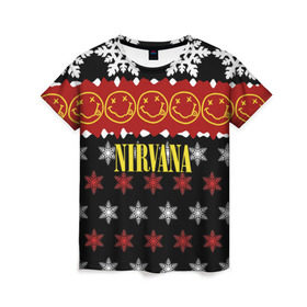 Женская футболка 3D с принтом Nirvana праздничный в Екатеринбурге, 100% полиэфир ( синтетическое хлопкоподобное полотно) | прямой крой, круглый вырез горловины, длина до линии бедер | cobain | kurt | nirvana | альтернативный | боритон | гранж | группа | дональд | знак | кобейн | красный | крист новоселич | курт | музыка | музыкант | надпись | нирвана | новогодний | новый год | певец | праздник