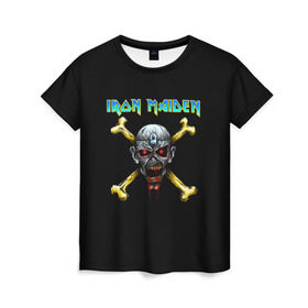 Женская футболка 3D с принтом Iron Maiden череп и кости в Екатеринбурге, 100% полиэфир ( синтетическое хлопкоподобное полотно) | прямой крой, круглый вырез горловины, длина до линии бедер | iron maiden | адриан смит | айрон мейден | гроза | группа | дэйв мюррей | железная дева | ирон майден | метал | мрачный | музыка | песни | рок | стив харрис | тяжелый | флаг | хеви | хевиметал