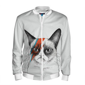 Мужской бомбер 3D с принтом Grumpy cat (David Bowie) в Екатеринбурге, 100% полиэстер | застегивается на молнию, по бокам два кармана без застежек, по низу бомбера и на воротнике - эластичная резинка | бодиарт | грумпи | дэвид боуи | злой кот | интернет | котей | котик | кошка | мем | мемас | мемчик. | молния на лице | рисунок на лице | сердитый