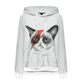Женская толстовка 3D с принтом Grumpy cat (David Bowie) в Екатеринбурге, 100% полиэстер  | двухслойный капюшон со шнурком для регулировки, мягкие манжеты на рукавах и по низу толстовки, спереди карман-кенгуру с мягким внутренним слоем. | Тематика изображения на принте: бодиарт | грумпи | дэвид боуи | злой кот | интернет | котей | котик | кошка | мем | мемас | мемчик. | молния на лице | рисунок на лице | сердитый