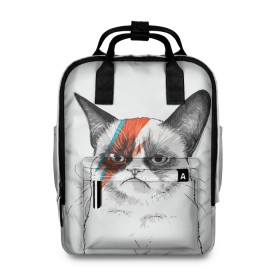 Женский рюкзак 3D с принтом Grumpy cat (David Bowie) в Екатеринбурге, 100% полиэстер | лямки с регулируемой длиной, сверху ручки, чтобы рюкзак нести как сумку. Основное отделение закрывается на молнию, как и внешний карман. Внутри два дополнительных кармана, один из которых закрывается на молнию. По бокам два дополнительных кармашка, куда поместится маленькая бутылочка
 | Тематика изображения на принте: бодиарт | грумпи | дэвид боуи | злой кот | интернет | котей | котик | кошка | мем | мемас | мемчик. | молния на лице | рисунок на лице | сердитый