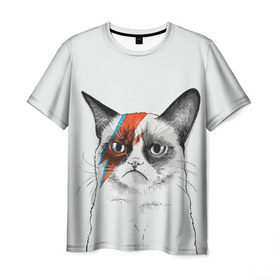 Мужская футболка 3D с принтом Grumpy cat (David Bowie) в Екатеринбурге, 100% полиэфир | прямой крой, круглый вырез горловины, длина до линии бедер | бодиарт | грумпи | дэвид боуи | злой кот | интернет | котей | котик | кошка | мем | мемас | мемчик. | молния на лице | рисунок на лице | сердитый