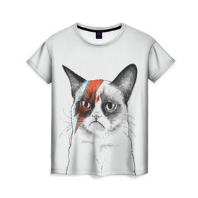 Женская футболка 3D с принтом Grumpy cat (David Bowie) в Екатеринбурге, 100% полиэфир ( синтетическое хлопкоподобное полотно) | прямой крой, круглый вырез горловины, длина до линии бедер | бодиарт | грумпи | дэвид боуи | злой кот | интернет | котей | котик | кошка | мем | мемас | мемчик. | молния на лице | рисунок на лице | сердитый