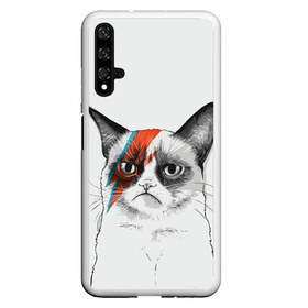 Чехол для Honor 20 с принтом Grumpy cat (David Bowie) в Екатеринбурге, Силикон | Область печати: задняя сторона чехла, без боковых панелей | бодиарт | грумпи | дэвид боуи | злой кот | интернет | котей | котик | кошка | мем | мемас | мемчик. | молния на лице | рисунок на лице | сердитый