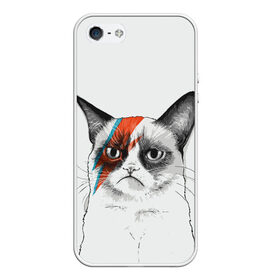 Чехол для iPhone 5/5S матовый с принтом Grumpy cat (David Bowie) в Екатеринбурге, Силикон | Область печати: задняя сторона чехла, без боковых панелей | Тематика изображения на принте: бодиарт | грумпи | дэвид боуи | злой кот | интернет | котей | котик | кошка | мем | мемас | мемчик. | молния на лице | рисунок на лице | сердитый