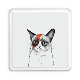 Магнит 55*55 с принтом Grumpy cat (David Bowie) в Екатеринбурге, Пластик | Размер: 65*65 мм; Размер печати: 55*55 мм | бодиарт | грумпи | дэвид боуи | злой кот | интернет | котей | котик | кошка | мем | мемас | мемчик. | молния на лице | рисунок на лице | сердитый