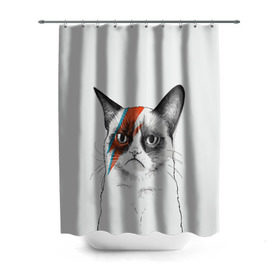 Штора 3D для ванной с принтом Grumpy cat (David Bowie) в Екатеринбурге, 100% полиэстер | плотность материала — 100 г/м2. Стандартный размер — 146 см х 180 см. По верхнему краю — пластиковые люверсы для креплений. В комплекте 10 пластиковых колец | бодиарт | грумпи | дэвид боуи | злой кот | интернет | котей | котик | кошка | мем | мемас | мемчик. | молния на лице | рисунок на лице | сердитый