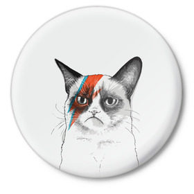 Значок с принтом Grumpy cat (David Bowie) в Екатеринбурге,  металл | круглая форма, металлическая застежка в виде булавки | бодиарт | грумпи | дэвид боуи | злой кот | интернет | котей | котик | кошка | мем | мемас | мемчик. | молния на лице | рисунок на лице | сердитый