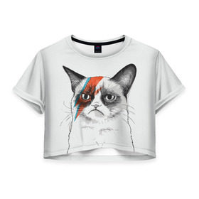 Женская футболка 3D укороченная с принтом Grumpy cat (David Bowie) в Екатеринбурге, 100% полиэстер | круглая горловина, длина футболки до линии талии, рукава с отворотами | бодиарт | грумпи | дэвид боуи | злой кот | интернет | котей | котик | кошка | мем | мемас | мемчик. | молния на лице | рисунок на лице | сердитый