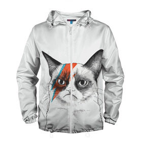 Мужская ветровка 3D с принтом Grumpy cat (David Bowie) в Екатеринбурге, 100% полиэстер | подол и капюшон оформлены резинкой с фиксаторами, два кармана без застежек по бокам, один потайной карман на груди | Тематика изображения на принте: бодиарт | грумпи | дэвид боуи | злой кот | интернет | котей | котик | кошка | мем | мемас | мемчик. | молния на лице | рисунок на лице | сердитый