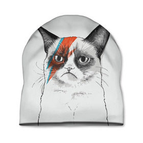 Шапка 3D с принтом Grumpy cat (David Bowie) в Екатеринбурге, 100% полиэстер | универсальный размер, печать по всей поверхности изделия | Тематика изображения на принте: бодиарт | грумпи | дэвид боуи | злой кот | интернет | котей | котик | кошка | мем | мемас | мемчик. | молния на лице | рисунок на лице | сердитый