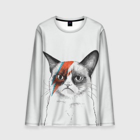 Мужской лонгслив 3D с принтом Grumpy cat (David Bowie) в Екатеринбурге, 100% полиэстер | длинные рукава, круглый вырез горловины, полуприлегающий силуэт | бодиарт | грумпи | дэвид боуи | злой кот | интернет | котей | котик | кошка | мем | мемас | мемчик. | молния на лице | рисунок на лице | сердитый