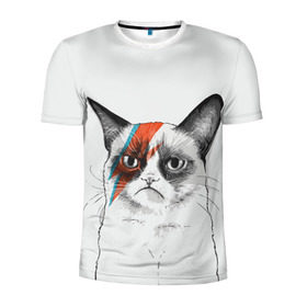 Мужская футболка 3D спортивная с принтом Grumpy cat (David Bowie) в Екатеринбурге, 100% полиэстер с улучшенными характеристиками | приталенный силуэт, круглая горловина, широкие плечи, сужается к линии бедра | бодиарт | грумпи | дэвид боуи | злой кот | интернет | котей | котик | кошка | мем | мемас | мемчик. | молния на лице | рисунок на лице | сердитый