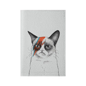 Обложка для паспорта матовая кожа с принтом Grumpy cat (David Bowie) в Екатеринбурге, натуральная матовая кожа | размер 19,3 х 13,7 см; прозрачные пластиковые крепления | бодиарт | грумпи | дэвид боуи | злой кот | интернет | котей | котик | кошка | мем | мемас | мемчик. | молния на лице | рисунок на лице | сердитый