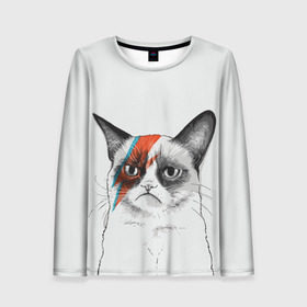 Женский лонгслив 3D с принтом Grumpy cat (David Bowie) в Екатеринбурге, 100% полиэстер | длинные рукава, круглый вырез горловины, полуприлегающий силуэт | бодиарт | грумпи | дэвид боуи | злой кот | интернет | котей | котик | кошка | мем | мемас | мемчик. | молния на лице | рисунок на лице | сердитый