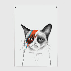 Постер с принтом Grumpy cat (David Bowie) в Екатеринбурге, 100% бумага
 | бумага, плотность 150 мг. Матовая, но за счет высокого коэффициента гладкости имеет небольшой блеск и дает на свету блики, но в отличии от глянцевой бумаги не покрыта лаком | Тематика изображения на принте: бодиарт | грумпи | дэвид боуи | злой кот | интернет | котей | котик | кошка | мем | мемас | мемчик. | молния на лице | рисунок на лице | сердитый