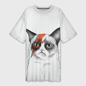 Платье-футболка 3D с принтом Grumpy cat (David Bowie) в Екатеринбурге,  |  | бодиарт | грумпи | дэвид боуи | злой кот | интернет | котей | котик | кошка | мем | мемас | мемчик. | молния на лице | рисунок на лице | сердитый