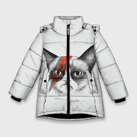 Зимняя куртка для девочек 3D с принтом Grumpy cat (David Bowie) в Екатеринбурге, ткань верха — 100% полиэстер; подклад — 100% полиэстер, утеплитель — 100% полиэстер. | длина ниже бедра, удлиненная спинка, воротник стойка и отстегивающийся капюшон. Есть боковые карманы с листочкой на кнопках, утяжки по низу изделия и внутренний карман на молнии. 

Предусмотрены светоотражающий принт на спинке, радужный светоотражающий элемент на пуллере молнии и на резинке для утяжки. | Тематика изображения на принте: бодиарт | грумпи | дэвид боуи | злой кот | интернет | котей | котик | кошка | мем | мемас | мемчик. | молния на лице | рисунок на лице | сердитый