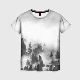 Женская футболка 3D с принтом Лес и туман в Екатеринбурге, 100% полиэфир ( синтетическое хлопкоподобное полотно) | прямой крой, круглый вырез горловины, длина до линии бедер | black and white | лес | лес и туман | туман | чернобелый  фон | чернобелый лес