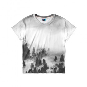 Детская футболка 3D с принтом Лес и туман в Екатеринбурге, 100% гипоаллергенный полиэфир | прямой крой, круглый вырез горловины, длина до линии бедер, чуть спущенное плечо, ткань немного тянется | black and white | лес | лес и туман | туман | чернобелый  фон | чернобелый лес