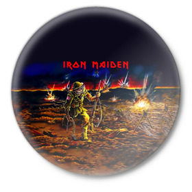 Значок с принтом Боец Iron Maiden в Екатеринбурге,  металл | круглая форма, металлическая застежка в виде булавки | iron maiden | адриан смит | айрон мейден | война | группа | дэйв мюррей | железная дева | ирон майден | метал | мрачный | музыка | песни | рок | солдат | стив харрис | тяжелый | хеви | хевиметал