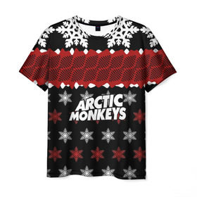 Мужская футболка 3D с принтом Праздничный Arctic Monkeys в Екатеринбурге, 100% полиэфир | прямой крой, круглый вырез горловины, длина до линии бедер | Тематика изображения на принте: алекс тёрнер | арктик | арктические мартышки | гаражный | группа | джейми кук | знак | инди рок | красный | м | манкис | музыка | надпись | ник о мэлли | новогодний | новый год | обезьяна