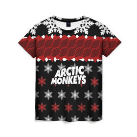 Женская футболка 3D с принтом Праздничный Arctic Monkeys в Екатеринбурге, 100% полиэфир ( синтетическое хлопкоподобное полотно) | прямой крой, круглый вырез горловины, длина до линии бедер | алекс тёрнер | арктик | арктические мартышки | гаражный | группа | джейми кук | знак | инди рок | красный | м | манкис | музыка | надпись | ник о мэлли | новогодний | новый год | обезьяна