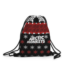 Рюкзак-мешок 3D с принтом Праздничный Arctic Monkeys в Екатеринбурге, 100% полиэстер | плотность ткани — 200 г/м2, размер — 35 х 45 см; лямки — толстые шнурки, застежка на шнуровке, без карманов и подкладки | алекс тёрнер | арктик | арктические мартышки | гаражный | группа | джейми кук | знак | инди рок | красный | м | манкис | музыка | надпись | ник о мэлли | новогодний | новый год | обезьяна