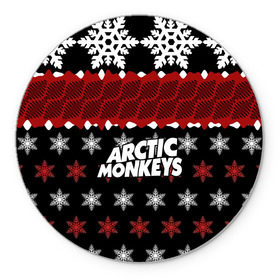 Коврик круглый с принтом Праздничный Arctic Monkeys в Екатеринбурге, резина и полиэстер | круглая форма, изображение наносится на всю лицевую часть | алекс тёрнер | арктик | арктические мартышки | гаражный | группа | джейми кук | знак | инди рок | красный | м | манкис | музыка | надпись | ник о мэлли | новогодний | новый год | обезьяна