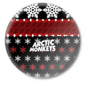 Значок с принтом Праздничный Arctic Monkeys в Екатеринбурге,  металл | круглая форма, металлическая застежка в виде булавки | алекс тёрнер | арктик | арктические мартышки | гаражный | группа | джейми кук | знак | инди рок | красный | м | манкис | музыка | надпись | ник о мэлли | новогодний | новый год | обезьяна