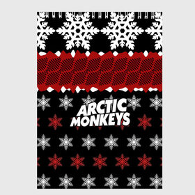 Скетчбук с принтом Праздничный Arctic Monkeys в Екатеринбурге, 100% бумага
 | 48 листов, плотность листов — 100 г/м2, плотность картонной обложки — 250 г/м2. Листы скреплены сверху удобной пружинной спиралью | алекс тёрнер | арктик | арктические мартышки | гаражный | группа | джейми кук | знак | инди рок | красный | м | манкис | музыка | надпись | ник о мэлли | новогодний | новый год | обезьяна