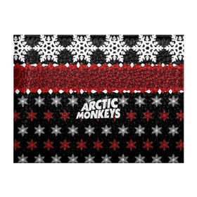 Обложка для студенческого билета с принтом Праздничный Arctic Monkeys в Екатеринбурге, натуральная кожа | Размер: 11*8 см; Печать на всей внешней стороне | Тематика изображения на принте: алекс тёрнер | арктик | арктические мартышки | гаражный | группа | джейми кук | знак | инди рок | красный | м | манкис | музыка | надпись | ник о мэлли | новогодний | новый год | обезьяна