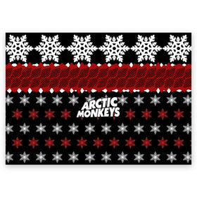 Поздравительная открытка с принтом Праздничный Arctic Monkeys в Екатеринбурге, 100% бумага | плотность бумаги 280 г/м2, матовая, на обратной стороне линовка и место для марки
 | Тематика изображения на принте: алекс тёрнер | арктик | арктические мартышки | гаражный | группа | джейми кук | знак | инди рок | красный | м | манкис | музыка | надпись | ник о мэлли | новогодний | новый год | обезьяна