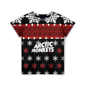 Детская футболка 3D с принтом Праздничный Arctic Monkeys в Екатеринбурге, 100% гипоаллергенный полиэфир | прямой крой, круглый вырез горловины, длина до линии бедер, чуть спущенное плечо, ткань немного тянется | Тематика изображения на принте: алекс тёрнер | арктик | арктические мартышки | гаражный | группа | джейми кук | знак | инди рок | красный | м | манкис | музыка | надпись | ник о мэлли | новогодний | новый год | обезьяна