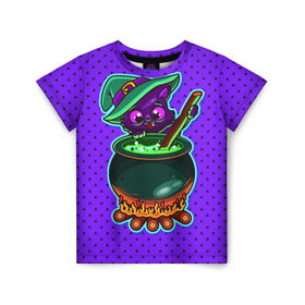 Детская футболка 3D с принтом Кошка-ведьмочка в Екатеринбурге, 100% гипоаллергенный полиэфир | прямой крой, круглый вырез горловины, длина до линии бедер, чуть спущенное плечо, ткань немного тянется | halloween | helloween | ведунья | ведьма | зелье | кот | котел | котик | кошка | магия | хеллоуин | хэллоуин