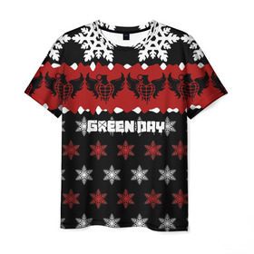 Мужская футболка 3D с принтом Праздничный Green Day в Екатеринбурге, 100% полиэфир | прямой крой, круглый вырез горловины, длина до линии бедер | american idiot | green day | альтернативный | билли джо армстронг | грин дей | группа | зелёный день | знак | красный | майк дёрнт | музыка | надпись | новогодний | новый год | панк | поп | поппанк | праздник