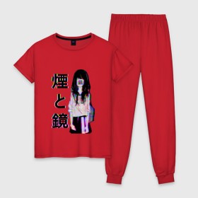 Женская пижама хлопок с принтом MIRRORS Sad Japanese Aesthetic в Екатеринбурге, 100% хлопок | брюки и футболка прямого кроя, без карманов, на брюках мягкая резинка на поясе и по низу штанин | 