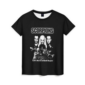Женская футболка 3D с принтом Группа Scorpions в Екатеринбурге, 100% полиэфир ( синтетическое хлопкоподобное полотно) | прямой крой, круглый вырез горловины, длина до линии бедер | scorpions | группа | скорпионс | хард | хардрок