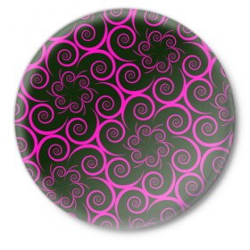 Значок с принтом Розовые цветы в Екатеринбурге,  металл | круглая форма, металлическая застежка в виде булавки | Тематика изображения на принте: pink | кружева | лепестки | розовый | спираль | узор | фрактал | цветки | цветок | цветы