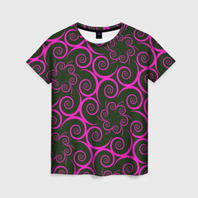 Женская футболка 3D с принтом Розовые цветы в Екатеринбурге, 100% полиэфир ( синтетическое хлопкоподобное полотно) | прямой крой, круглый вырез горловины, длина до линии бедер | pink | кружева | лепестки | розовый | спираль | узор | фрактал | цветки | цветок | цветы