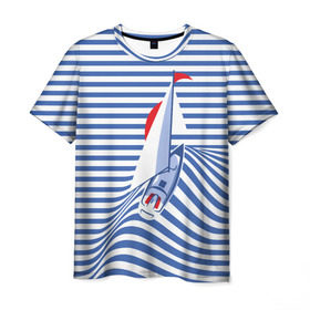 Мужская футболка 3D с принтом Яхта в Екатеринбурге, 100% полиэфир | прямой крой, круглый вырез горловины, длина до линии бедер | flag | joke | prank | sail | sea | stripes | water | waves | yacht vest | вода | волны | море | парус | полосы | прикол | тельняшка | флаг | шутка | яхта