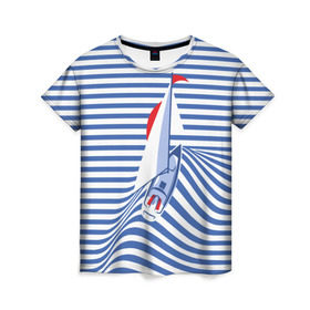 Женская футболка 3D с принтом Яхта в Екатеринбурге, 100% полиэфир ( синтетическое хлопкоподобное полотно) | прямой крой, круглый вырез горловины, длина до линии бедер | Тематика изображения на принте: flag | joke | prank | sail | sea | stripes | water | waves | yacht vest | вода | волны | море | парус | полосы | прикол | тельняшка | флаг | шутка | яхта