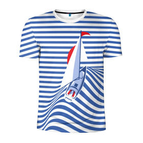 Мужская футболка 3D спортивная с принтом Яхта в Екатеринбурге, 100% полиэстер с улучшенными характеристиками | приталенный силуэт, круглая горловина, широкие плечи, сужается к линии бедра | Тематика изображения на принте: flag | joke | prank | sail | sea | stripes | water | waves | yacht vest | вода | волны | море | парус | полосы | прикол | тельняшка | флаг | шутка | яхта