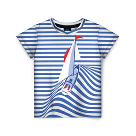 Детская футболка 3D с принтом Яхта в Екатеринбурге, 100% гипоаллергенный полиэфир | прямой крой, круглый вырез горловины, длина до линии бедер, чуть спущенное плечо, ткань немного тянется | Тематика изображения на принте: flag | joke | prank | sail | sea | stripes | water | waves | yacht vest | вода | волны | море | парус | полосы | прикол | тельняшка | флаг | шутка | яхта